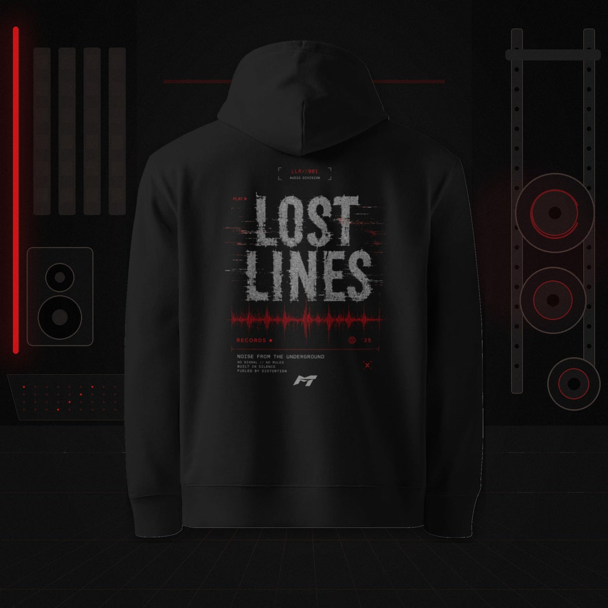 Mutant Titan x Lost Lines Records Hoodie back, gym and music studio background