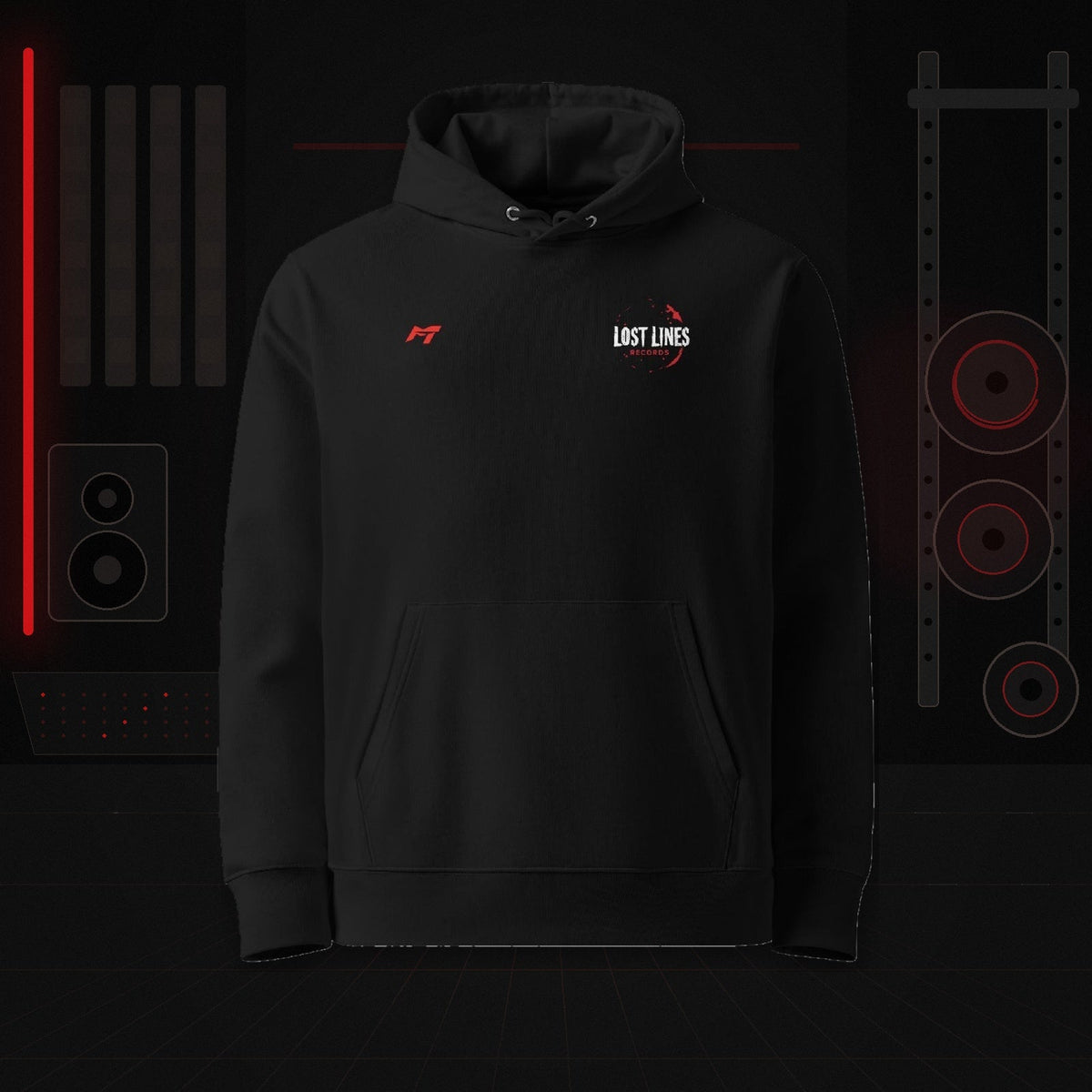 Mutant Titan x Lost Lines Records Hoodie front, gym and music studio background